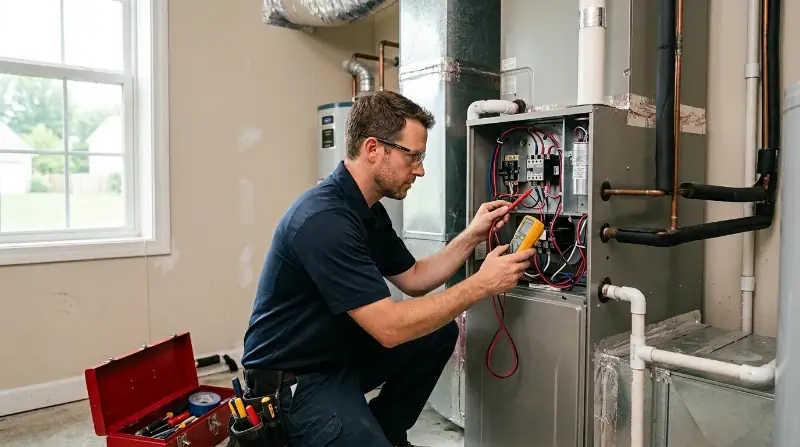 HVAC technician inspecting attic air handler and drain line West Palm Beach FL