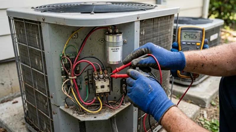 Technician testing capacitor with multimeter on AC unit West Palm Beach FL