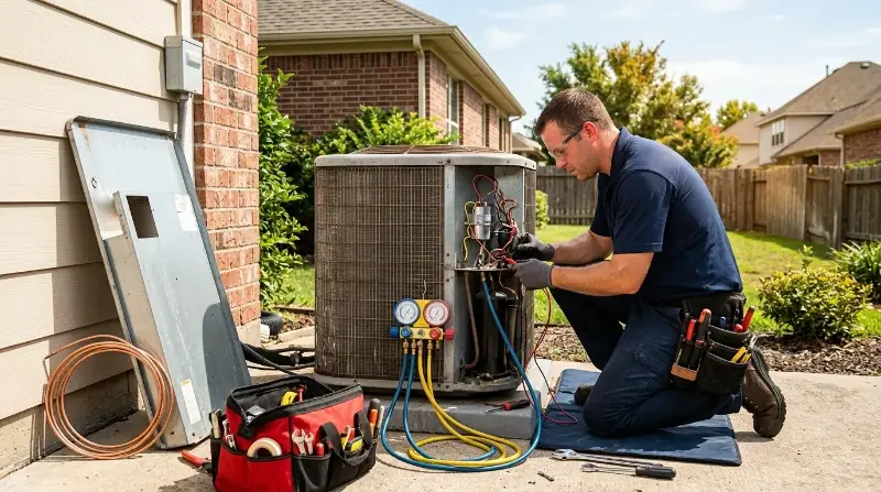 Technician checking refrigerant pressure on outdoor unit with frost on service line West Palm Beach