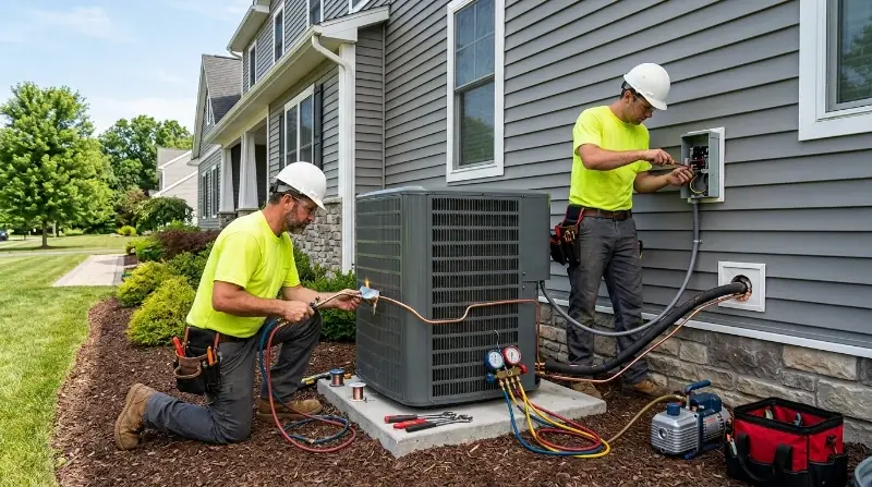 Two HVAC technicians on emergency AC repair call West Palm Beach FL